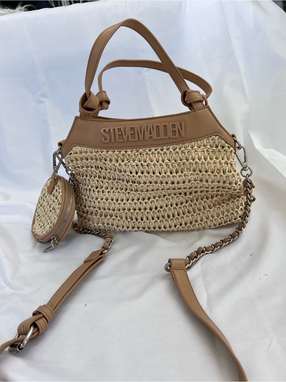 Steve Madden Tan & Cream Woven Shoulder Bag with Chain Strap